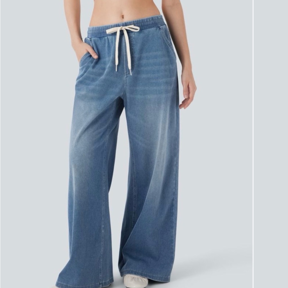 HALARA Denim Blue low rise, drawstring casual, baggy jeans with pockets